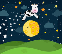 Hey Diddle Diddle Nursery Rhyme Landscape With Cow Jumping Over The Moon