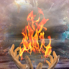 Wall Mural - Hands with fire on abstract space background