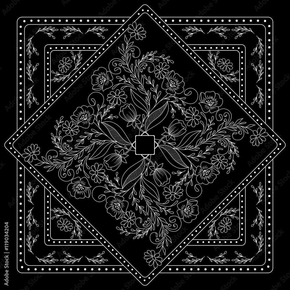 Black and white bandana print with floral pattern. Square pattern ...