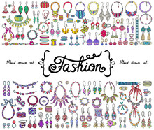 Vector Set With Hand Drawn Colored Doodles On The  Theme Of Fashion, Accessories. Flat Illustrations Of Jewelry. Sketches For Use In Design