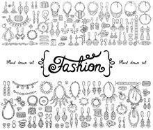 Vector Set With Hand Drawn Isolated Doodles On The  Theme Of Fashion, Accessories. Flat Illustrations Of Jewelry. Sketches For Use In Design