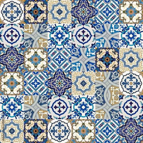 Naklejka dekoracyjna Mega Gorgeous seamless patchwork pattern from colorful Moroccan, Portuguese tiles, Azulejo, ornaments.. Can be used for wallpaper, pattern fills, web page background,surface textures.