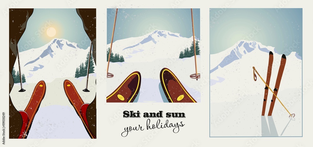 Set of winter ski vintage posters. Skier getting ready to descend the mountain. Winter background. Grunge effect it can be removed. - obrazy, fototapety, plakaty 