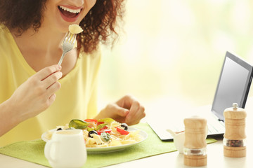 Sticker - Woman eating delicious pasta in restaurant