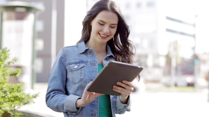 Sticker - happy young woman or teenage girl with tablet pc