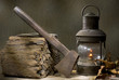 still life photography : old axe and lighting lantern