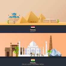 Egypt And India. Tourism. Travelling Illustration. Modern Flat Design. Egypt Travel. India