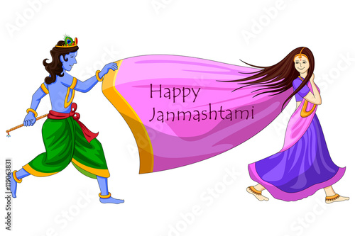 Fotografija Krishna playing with Radha on Happy Janmashtami background