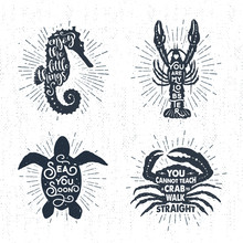 Hand Drawn Textured Vintage Labels Set With Sea Horse, Lobster, Turtle, Crab Vector Illustrations, And Inspirational Lettering.
