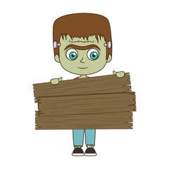 Poster - cute kid in a green zombie monster costume halloween season vector illustration