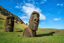 Moai Statues In The Rano Raraku Volcano In Easter Island, Chile