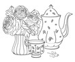 Cafe Set - tea, cup, teapot, Ranunculus flowers in a vase. Cartoon, isolated, background, black brush. For menu, invitation card, design. Vector sketch.