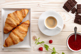 Fototapeta Mapy - Espresso coffee with croissants and jam