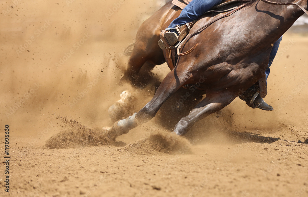 A barrel racing horse skids around the corner throwing up dirt. - obrazy, fototapety, plakaty 