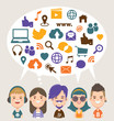 Social media icons in speech bubble with group of young people