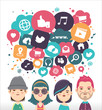 Social media icons in speech bubbles with group of young people
