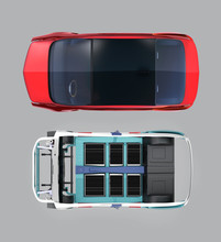 Top View Of Red Car And Car Body Frame Isolated On Gray Background. 3D Rendering Image.