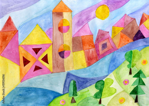 Fotografía Landscape with city river and forest watercolor painting