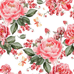 Wall Mural - Watercolor pattern with peony flowers, roses and berry. 