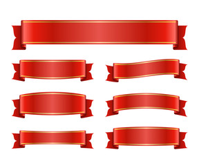 Wall Mural - Red ribbons set. Satin blank banners collection. Design label scroll blanks element, isolated on white background. Empty template for greeting or advertising. Symbols decoration. Vector illustration.