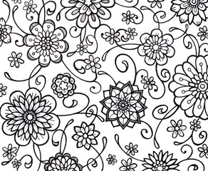 black and white flower marker art with fancy curls curves and swirls. floral wallpaper pattern with 