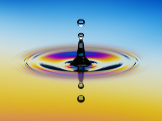 Splashing of water with colorful oil film over 3d illustration