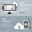 Vector flat horizontal banners of data protection and computer security for website. Business concept of data storage, electronic market and technology support. Set of isolated computer elements.