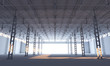 Abstract illuminated white stage inside of industrial building 3d illustration