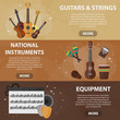 Vector flat horizontal banners of guitars, national instruments and musical equipment for website. Business concept of music shop. Set of isolated musical strings instruments in flat design.
