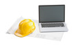 © andy_di - blueprint, helmet and laptop on isolated background