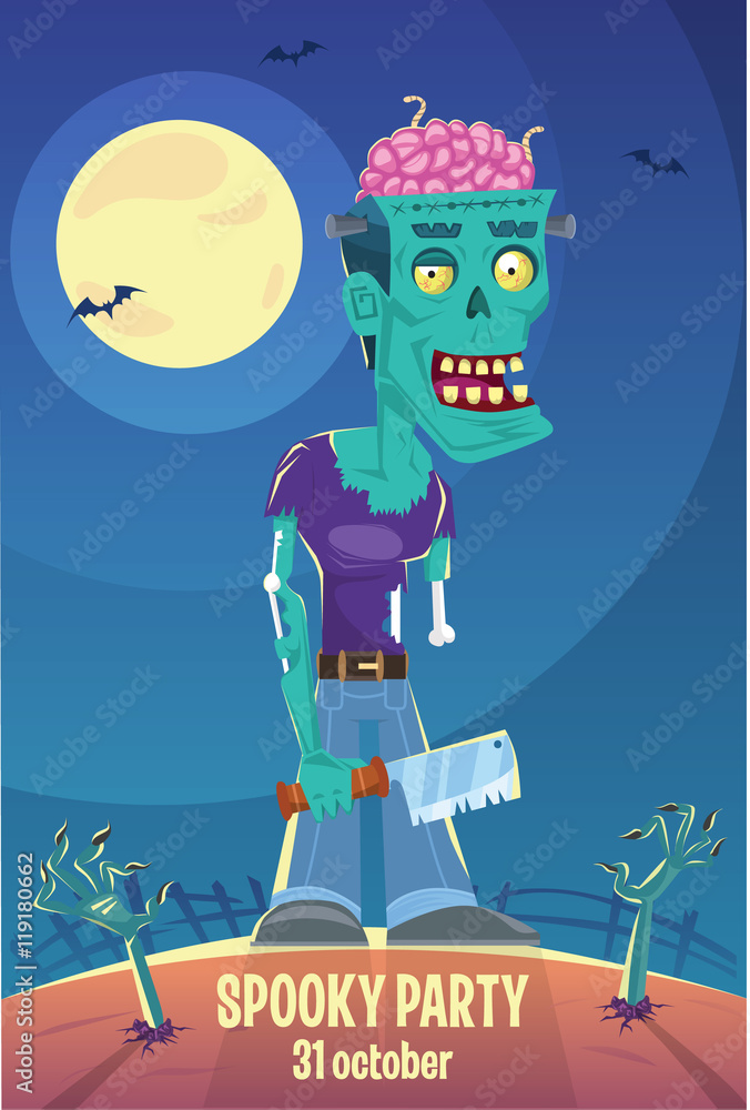 Funny Zombie. Halloween poster, background, card. Vector illustration