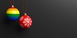 Christmas balls and rainbow colors ball on black background with copyspace. 3d illustration