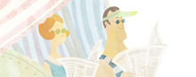 The Illustration Of Young Adult Couple Reading Newspaper Sitting In The Beach Cab