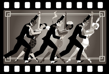 Wall Mural - Group of people dressed in retro fashion dancing in an old movie frame, EPS 8 vector illustration