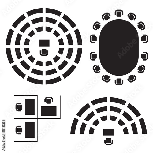 Cuadros en Lienzo Business, education and government furniture symbols used in architecture plans icons set, top view, graphic design elements, black isolated on white background, vector illustration