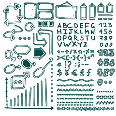 Set of hand drawn elements Arrows, lines, graphics, letters, math signs