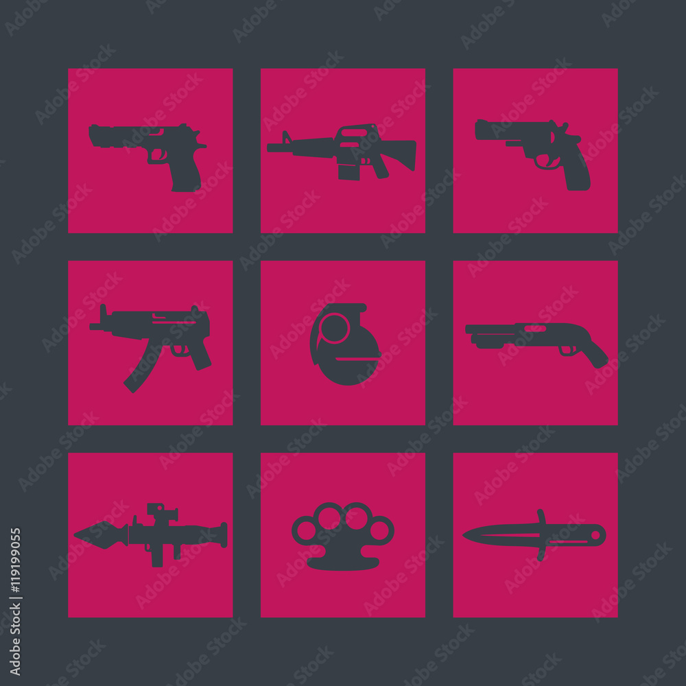 weapons icons set, pistol, guns, rifle, revolver, shotgun, grenade ...