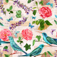 Seamless Pattern With Birds And Flowers On Old Ephemera