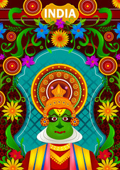 Wall Mural - Foral background with Kathakali dancer showing Incredible India