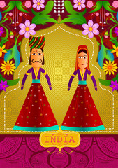 Floral background with Indian puppet of king and queen showing Incredible India