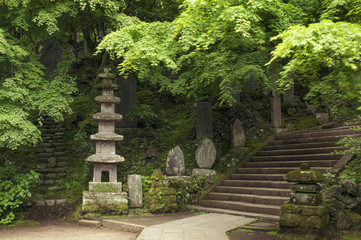 Plakat świątynia las japoński pejzaż
