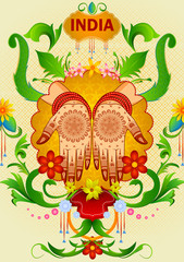 Poster - Floral background with Indian bride  mehandi in hand showing Incredible India