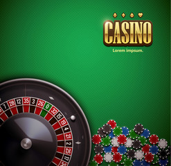 Wall Mural - vector illustration of  roulette wheel with casino chips isolated on green  table realistic objects 3d with place for text eps 10 