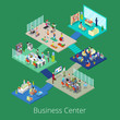 Isometric Business Office Center Building Interior with Conference Room and Gym. Vector illustration