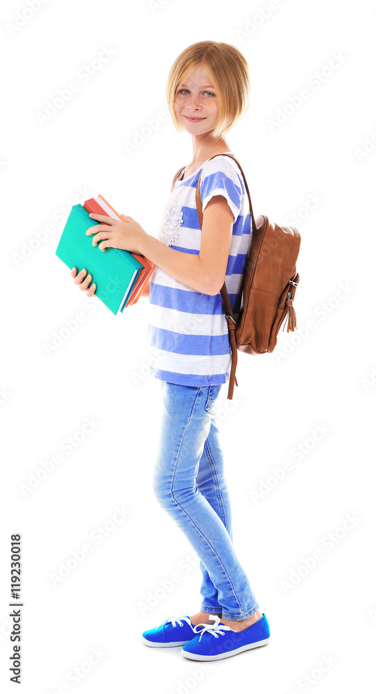 Beautiful schoolgirl with books, isolated on white