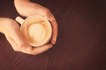 Wall Mural - Female hands holding cup of coffee in cafe