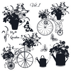 Wall Mural - Set of vector engraved bicycles and garden flowers for design