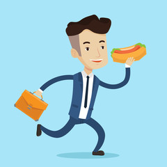 Canvas Print - Businessman eating hot dog vector illustration.