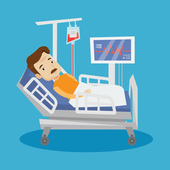 Poster - Man lying in hospital bed vector illustration.