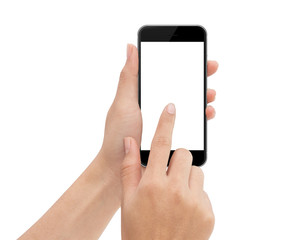 Poster - hand touch phone isolated with clipping path on white background